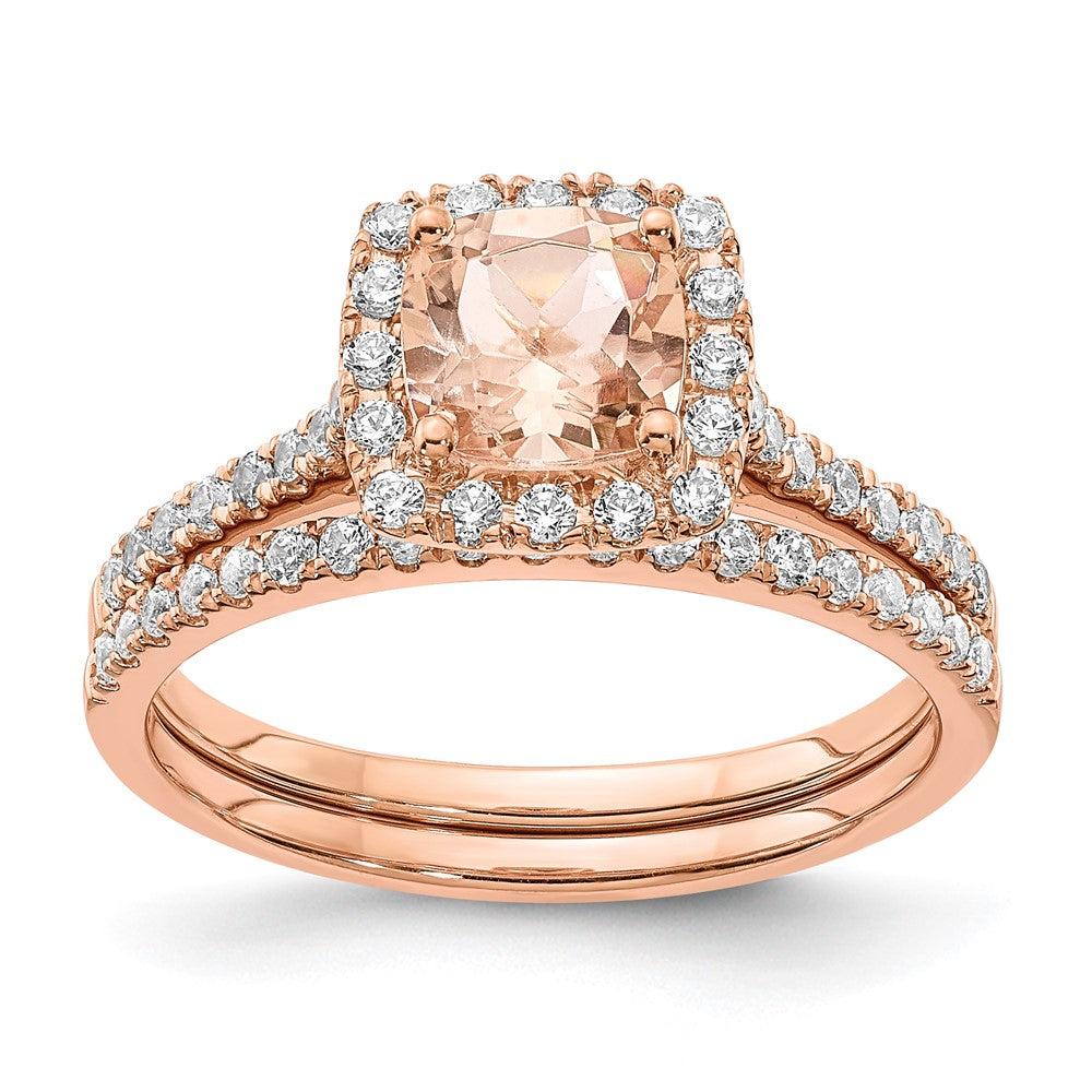 Pure Serenity 14k Rose Gold 1/4 carat Lab Grown Diamond VS/SI+ G+ and Cushion Morganite Halo Engagement Ring