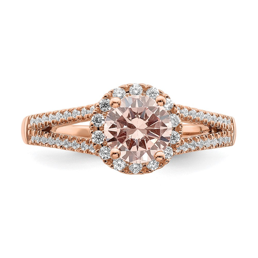 Pure Serenity 14k Rose Gold 1/4 carat Lab Grown Diamond VS/SI+ G+ and Round Morganite Halo Engagement Ring
