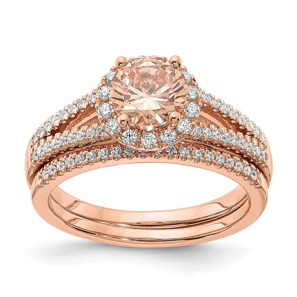 Pure Serenity 14k Rose Gold 1/4 carat Lab Grown Diamond VS/SI+ G+ and Round Morganite Halo Engagement Ring