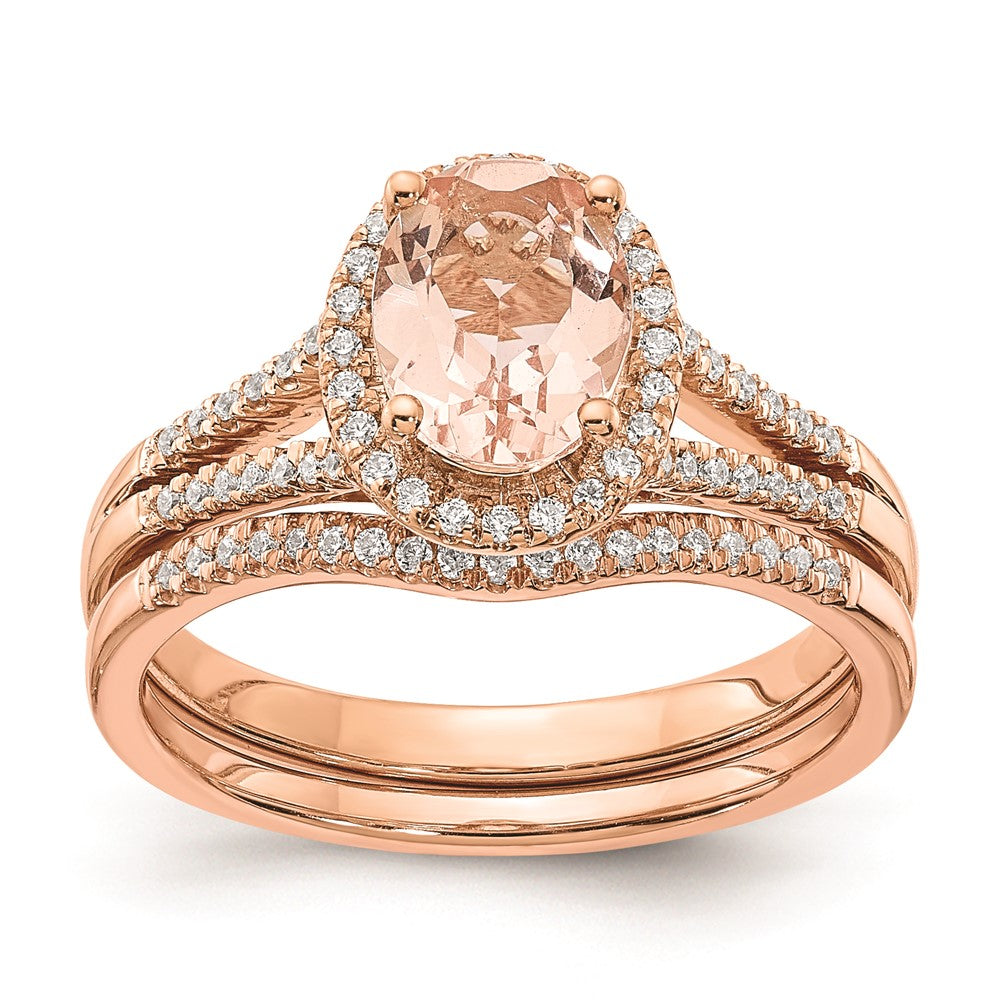 Blooming Bridal 14k Rose Gold Halo 8x6mm Oval Morganite and 1/5 carat Diamond Complete Engagement Ring