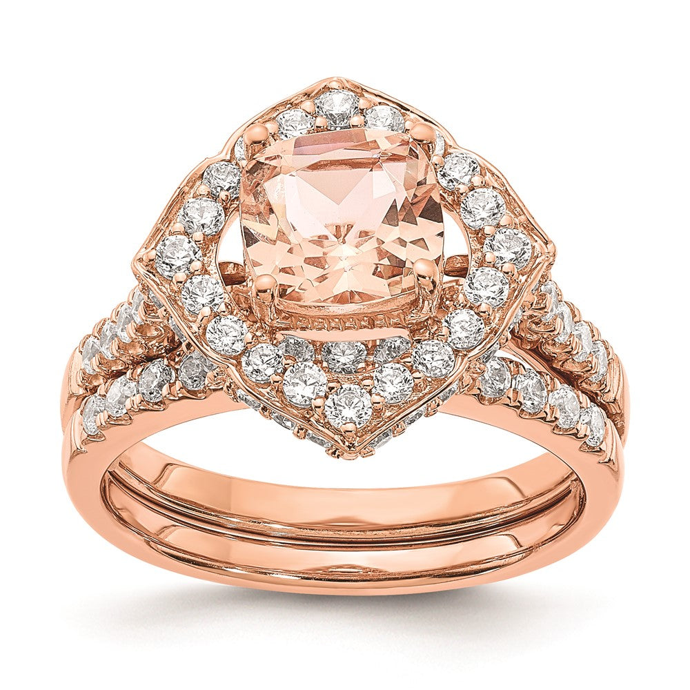 Blooming Bridal 14k Rose Gold Halo 7.00mm Cushion-cut Morganite and 3/4 carat Diamond Complete Engagement Ring