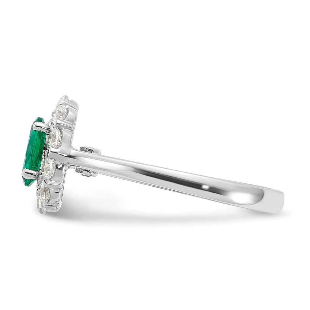 10k White Gold 5/8 carat Lab Grown Diamond VS/SI+ G+ and Oval Lab Created Emerald Complete Halo Fashion Ring
