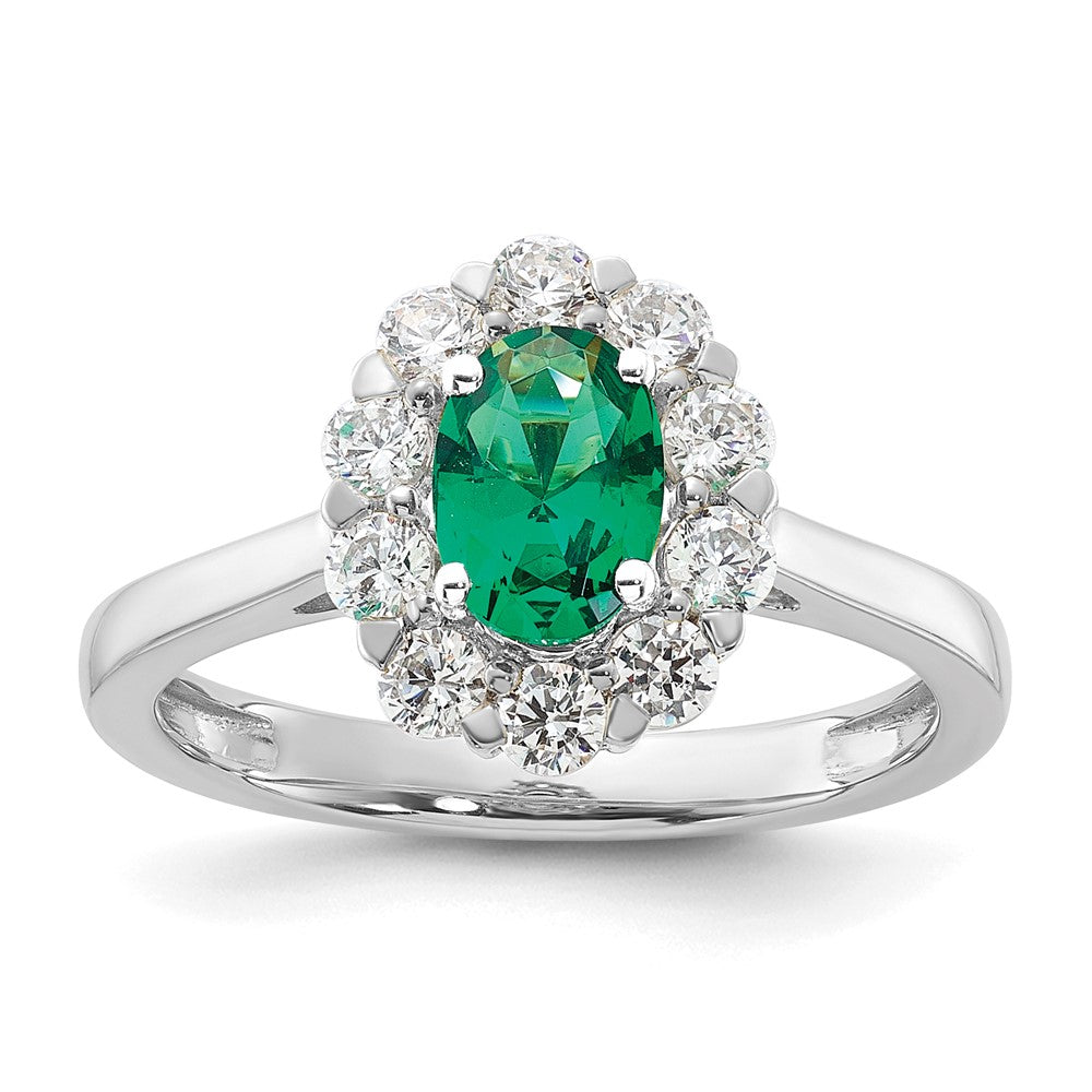 14k White Gold 5/8 carat Lab Grown Diamond VS/SI+ G+ and Oval Lab Created Emerald Complete Halo Fashion Ring