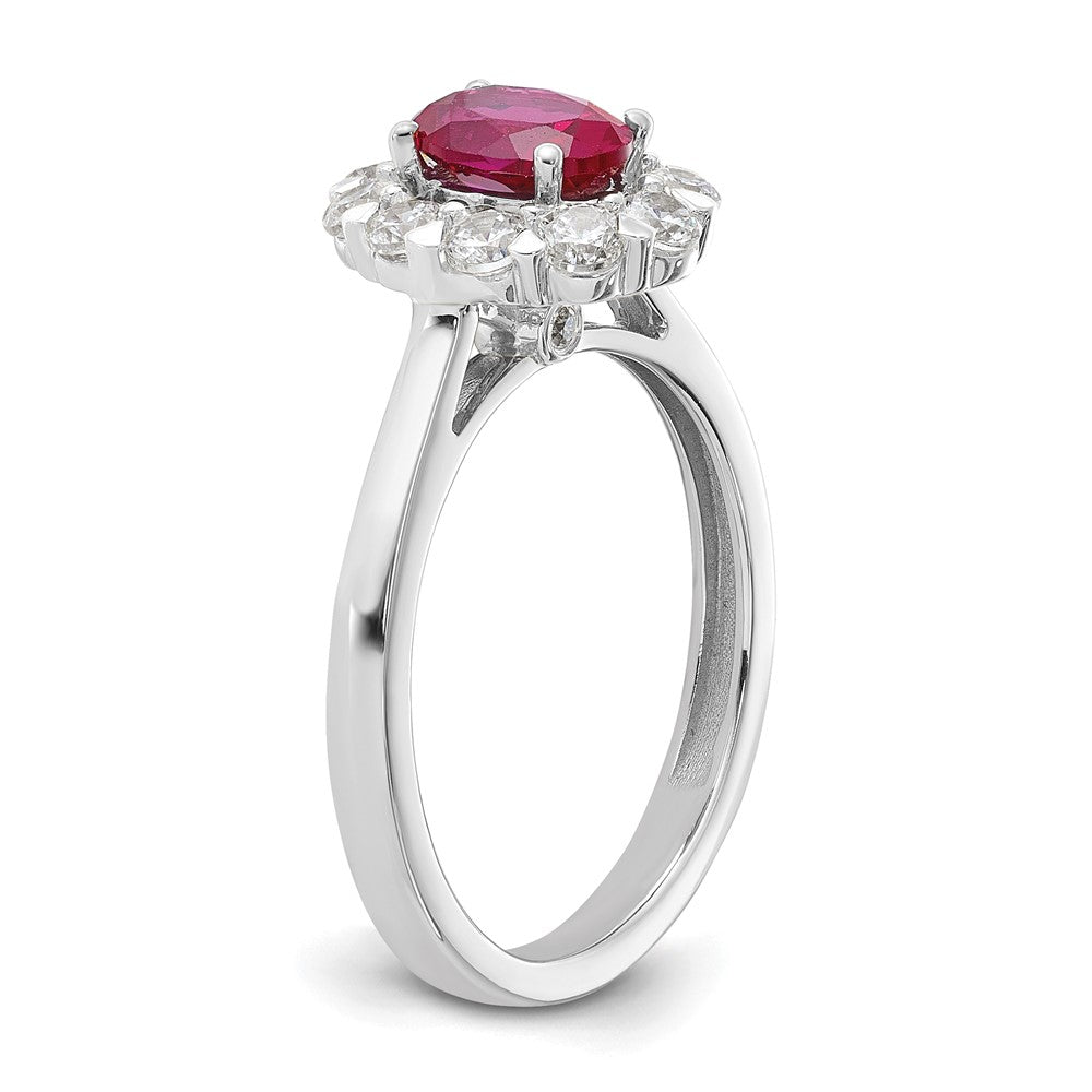 10k White Gold 5/8 carat Lab Grown Diamond VS/SI+ G+ and Oval Lab Created Ruby Complete Halo Fashion Ring