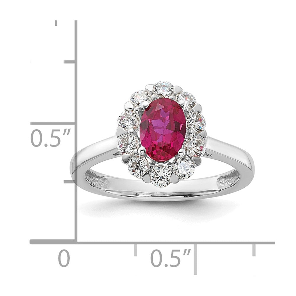 10k White Gold 5/8 carat Lab Grown Diamond VS/SI+ G+ and Oval Lab Created Ruby Complete Halo Fashion Ring
