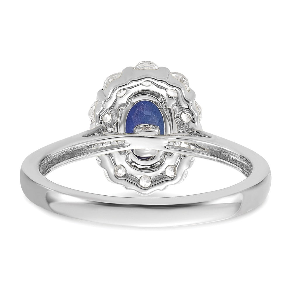 10k White Gold 5/8 carat Lab Grown Diamond VS/SI+ G+ and Oval Lab Created Blue Sapphire Complete Halo Fashion Ring