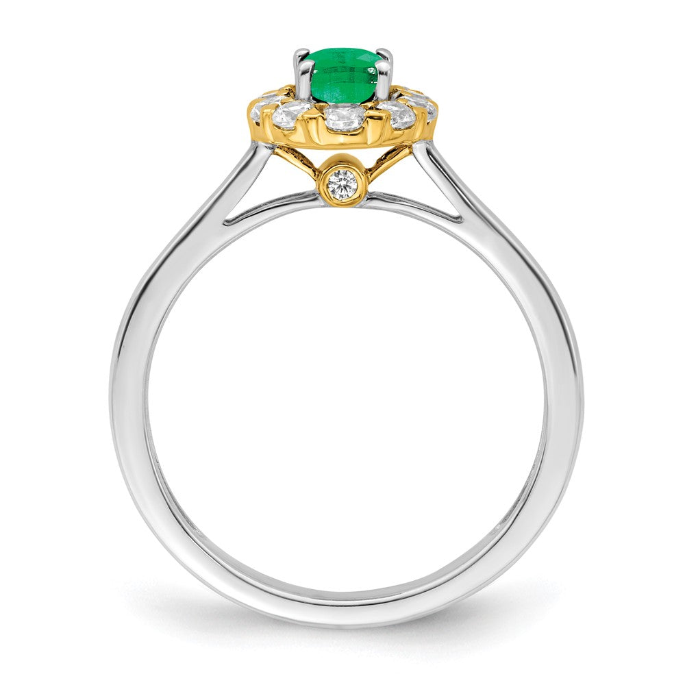14k Two-Tone 5/8 carat Lab Grown Diamond VS/SI+ G+ and Oval Lab Created Emerald Complete Halo Fashion Ring