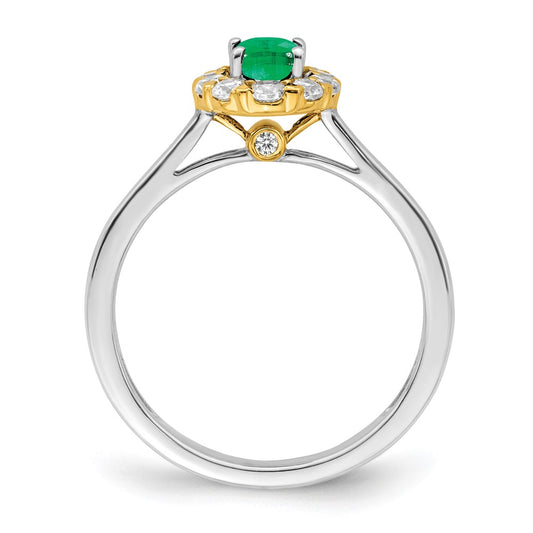 14k Two-Tone 5/8 carat Lab Grown Diamond VS/SI+ G+ and Oval Lab Created Emerald Complete Halo Fashion Ring
