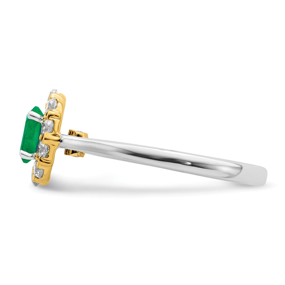 14k Two-Tone 5/8 carat Lab Grown Diamond VS/SI+ G+ and Oval Lab Created Emerald Complete Halo Fashion Ring
