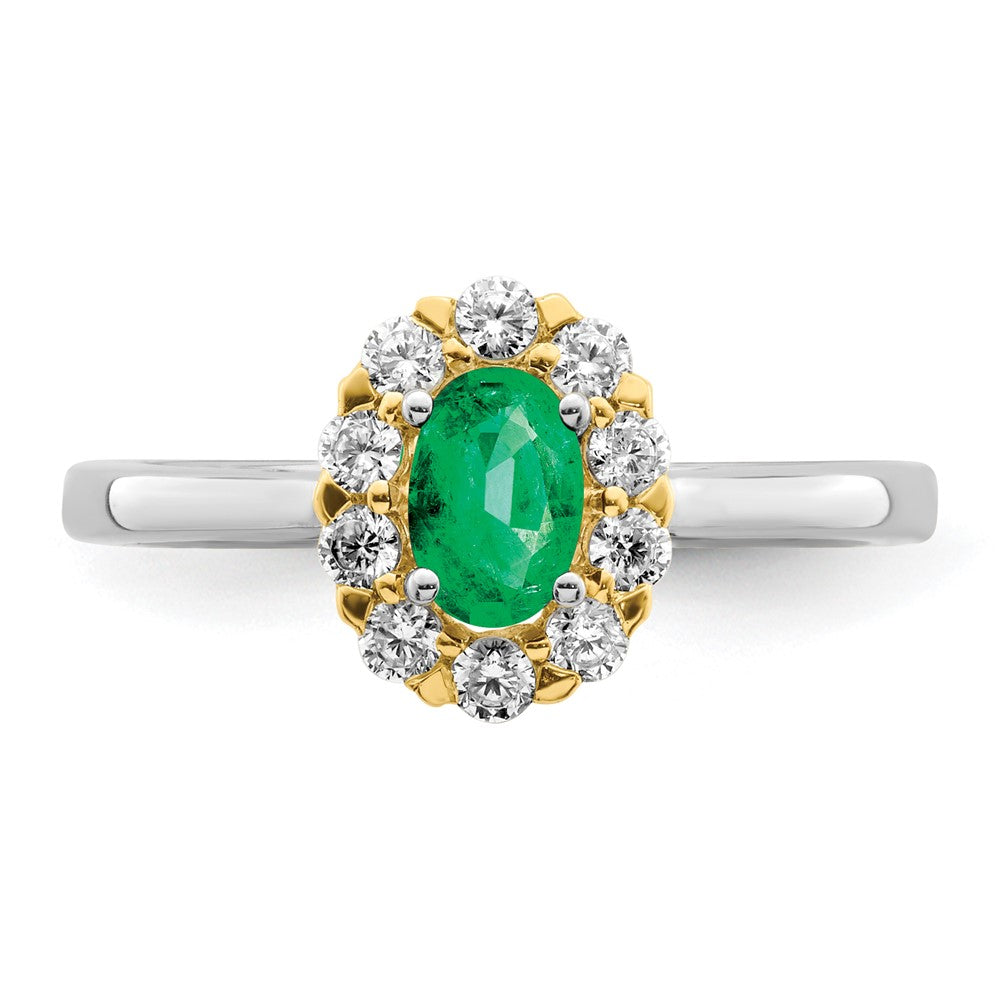 14k Two-Tone 5/8 carat Lab Grown Diamond VS/SI+ G+ and Oval Lab Created Emerald Complete Halo Fashion Ring