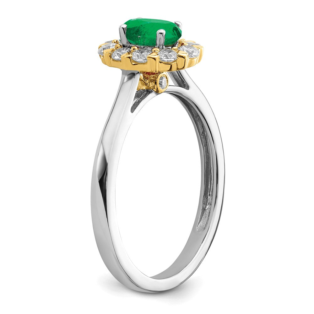 14k Two-Tone 5/8 carat Lab Grown Diamond VS/SI+ G+ and Oval Lab Created Emerald Complete Halo Fashion Ring