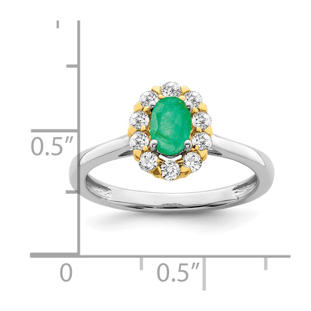 14k Two-Tone 5/8 carat Lab Grown Diamond VS/SI+ G+ and Oval Lab Created Emerald Complete Halo Fashion Ring