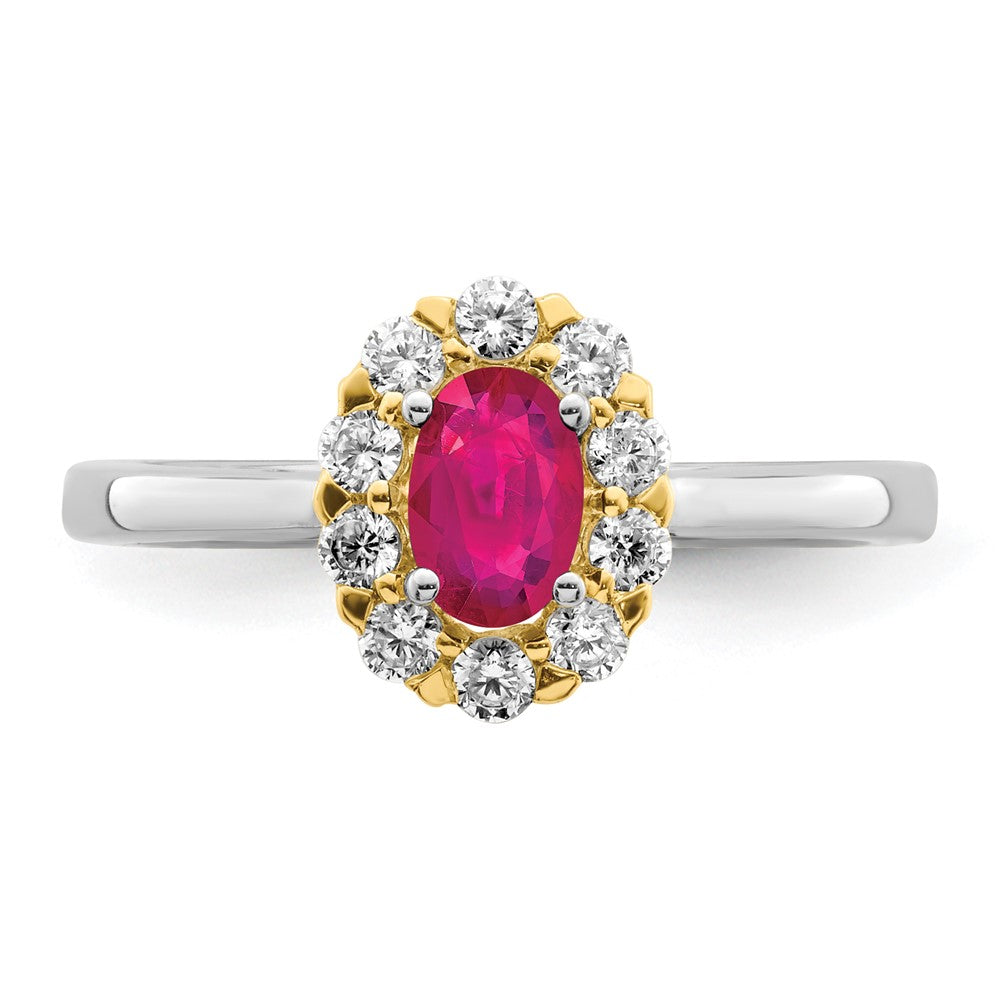 14k Two-Tone 5/8 carat Lab Grown Diamond VS/SI+ G+ and Oval Lab Created Ruby Complete Halo Fashion Ring