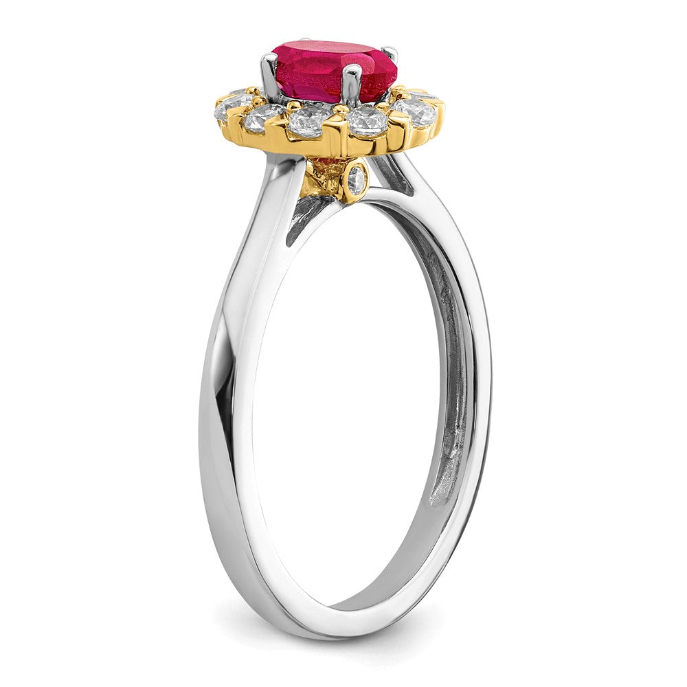 14k Two-Tone 5/8 carat Lab Grown Diamond VS/SI+ G+ and Oval Lab Created Ruby Complete Halo Fashion Ring