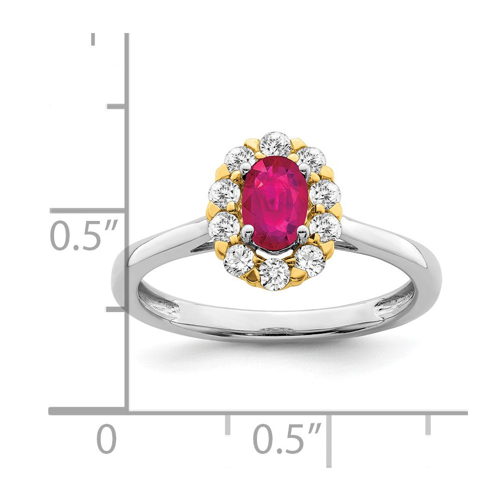 14k Two-Tone 5/8 carat Lab Grown Diamond VS/SI+ G+ and Oval Lab Created Ruby Complete Halo Fashion Ring