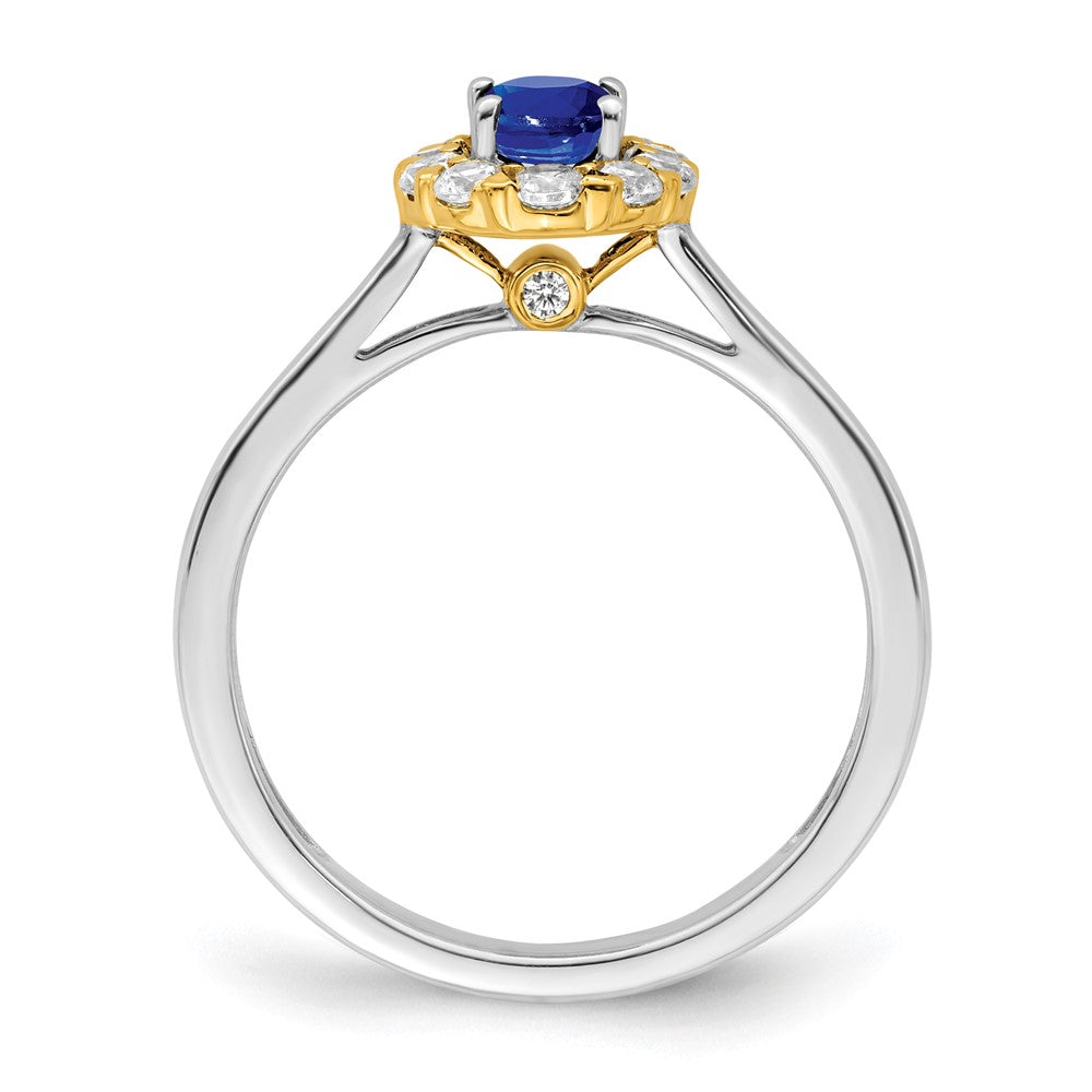 14k Two-Tone 5/8 carat Lab Grown Diamond VS/SI+ G+ and Oval Lab Created Blue Sapphire Complete Halo Fashion Ring