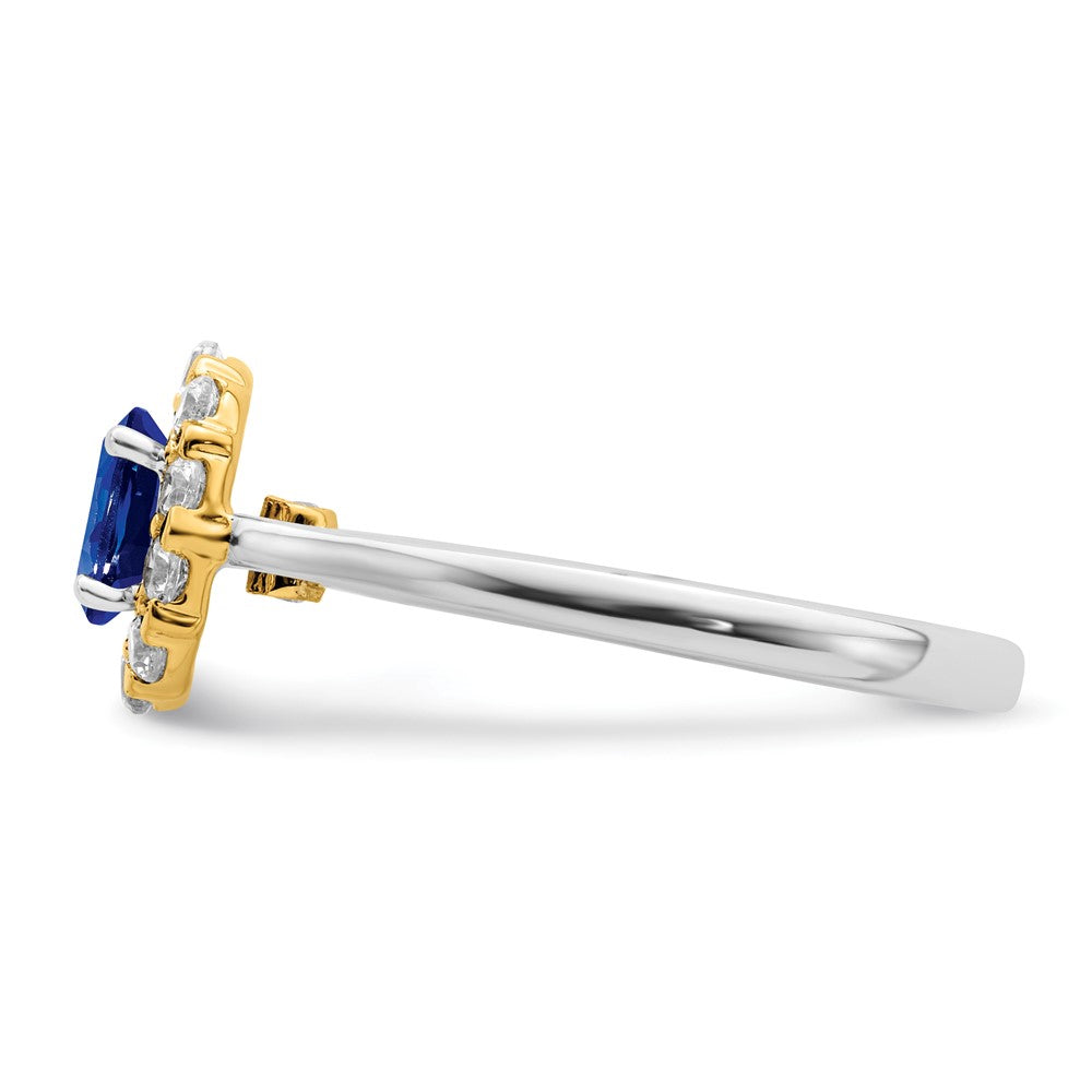 14k Two-Tone 5/8 carat Lab Grown Diamond VS/SI+ G+ and Oval Lab Created Blue Sapphire Complete Halo Fashion Ring