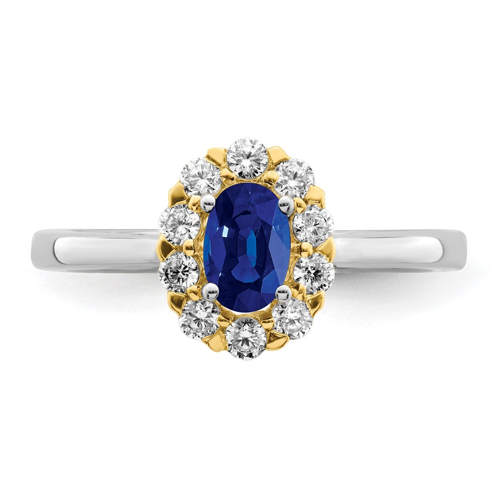 14k Two-Tone 5/8 carat Lab Grown Diamond VS/SI+ G+ and Oval Lab Created Blue Sapphire Complete Halo Fashion Ring