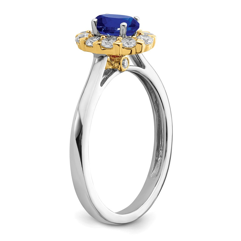 14k Two-Tone 5/8 carat Lab Grown Diamond VS/SI+ G+ and Oval Lab Created Blue Sapphire Complete Halo Fashion Ring