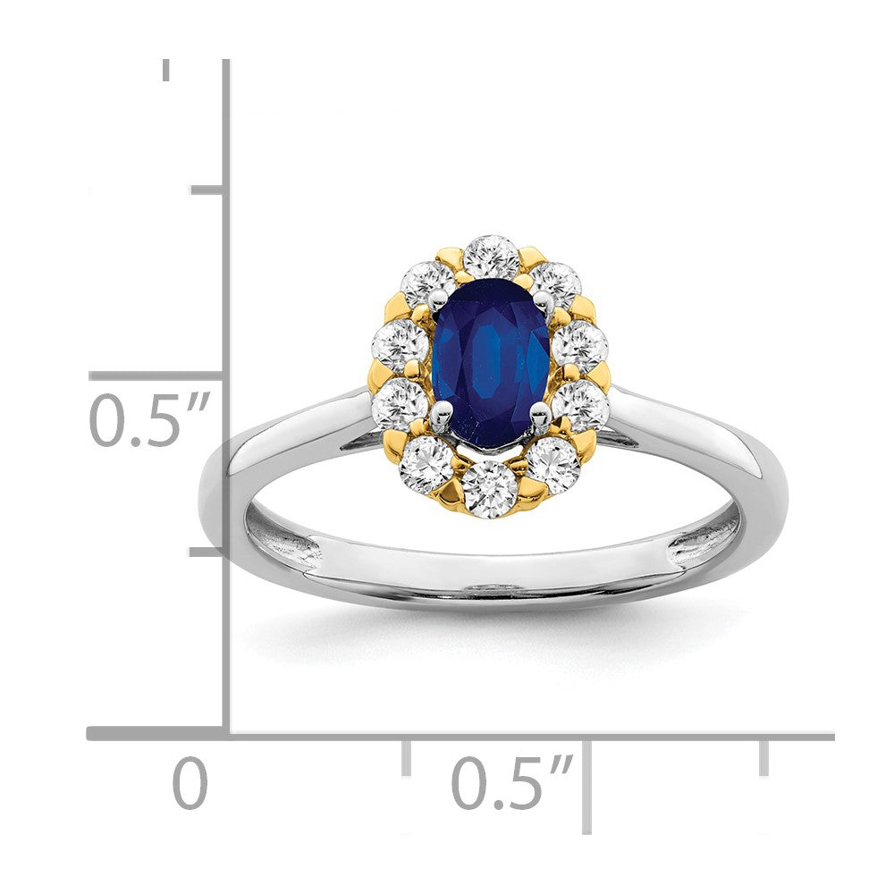 14k Two-Tone 5/8 carat Lab Grown Diamond VS/SI+ G+ and Oval Lab Created Blue Sapphire Complete Halo Fashion Ring
