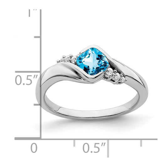 10k White Gold 5mm Cushion Blue Topaz and 1/20 carat Diamond Ring