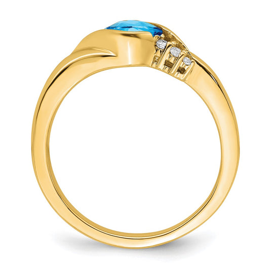 10k Yellow Gold 5mm Cushion Blue Topaz and 1/20 carat Diamond Ring