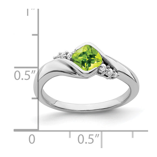 10k White Gold 5mm Cushion Peridot and 1/20 carat Diamond Ring