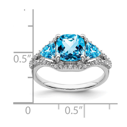 10k White Gold 4mm Trillion / 7mm Cushion Blue Topaz and 1/15 carat Diamond 3-Stone Ring