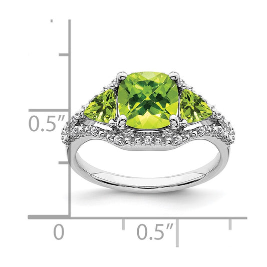 10k White Gold 4mm Trillion / 7mm Cushion Peridot and 1/15 carat Diamond 3-Stone Ring