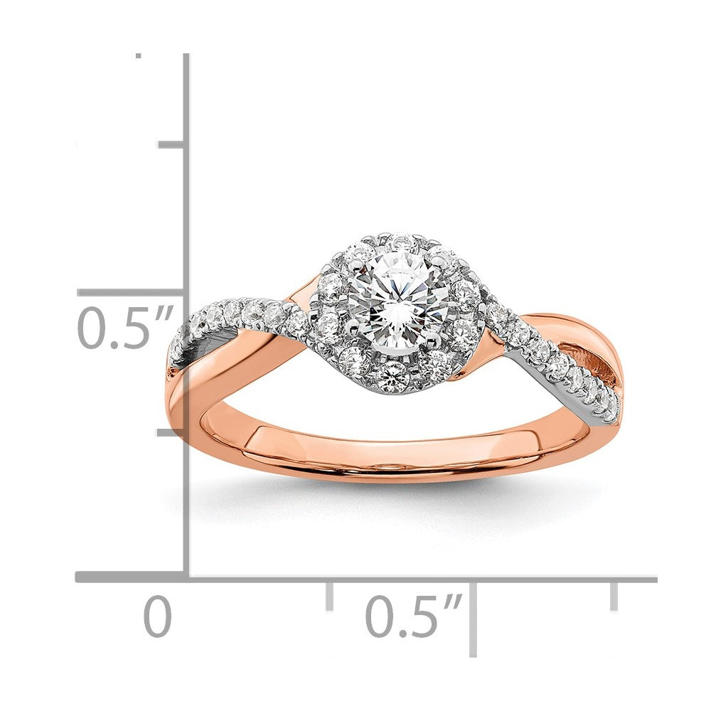 14k Two-tone Rose and White Gold 5/8 carat Lab Grown Diamond VS/SI+ G+ Round Complete Fancy Halo Engagement Ring