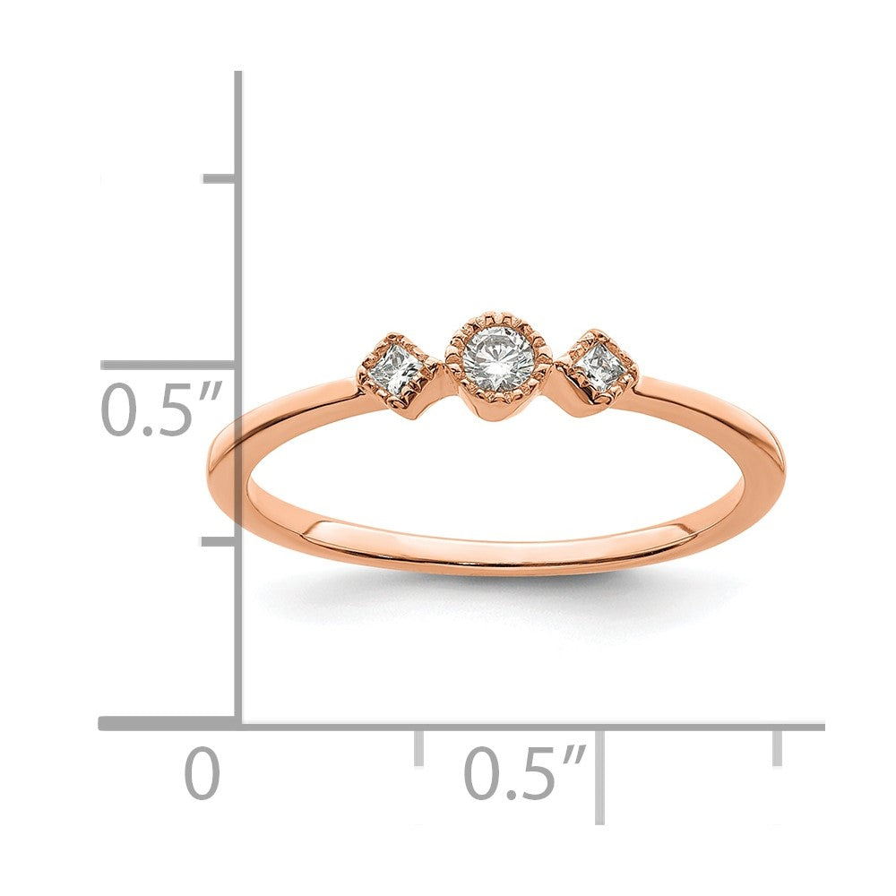 14k Rose Gold Beaded Edge Petite 3-Stone 1/10 carat Round/Princess Diamond Complete Promise/Engagement Ring
