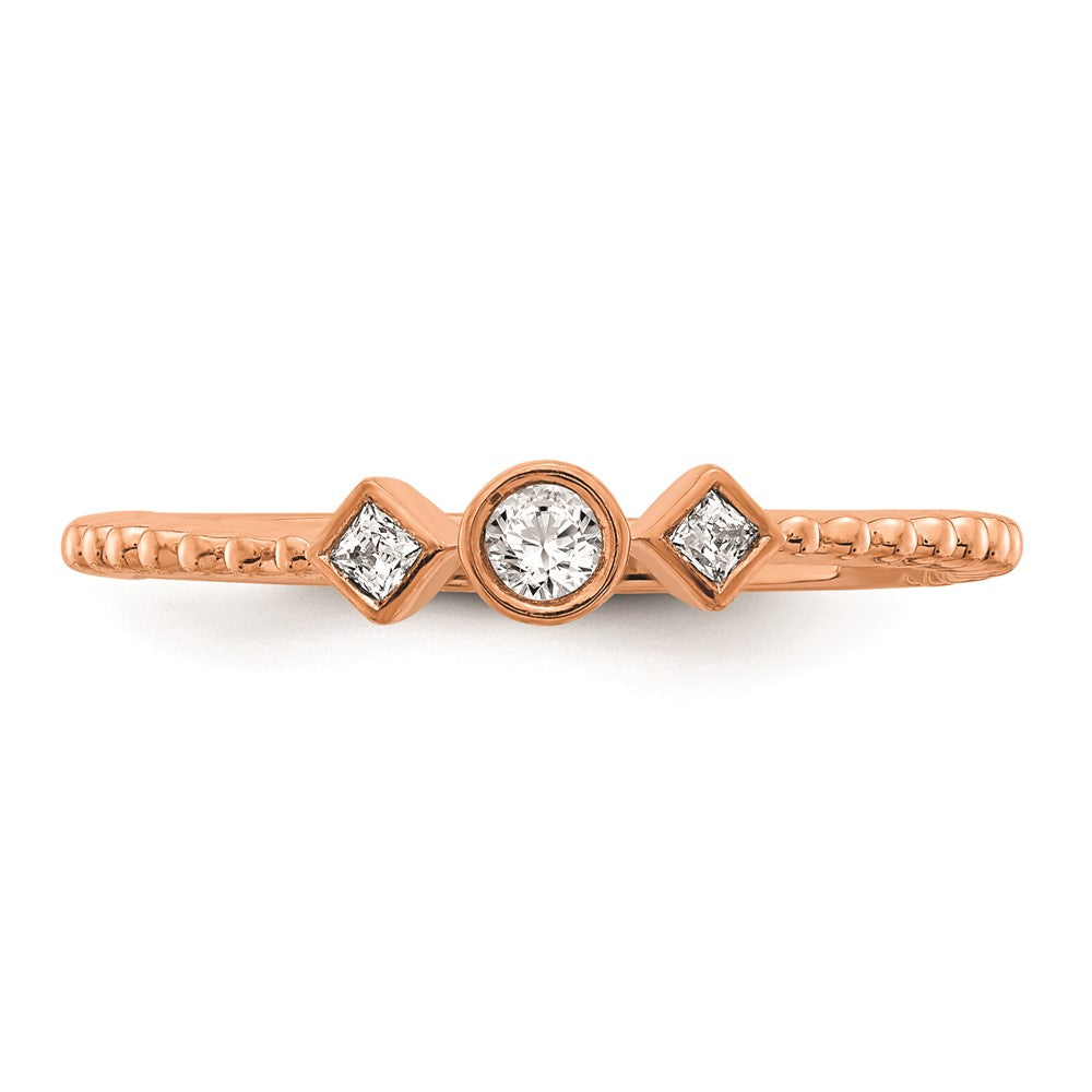 14k Rose Gold Scalloped Band Petite 3-Stone 1/15 carat Round Diamond Complete Promise/Engagement Ring