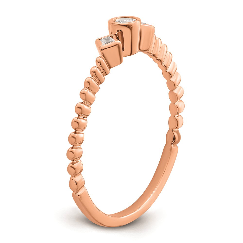 14k Rose Gold Scalloped Band Petite 3-Stone 1/15 carat Round Diamond Complete Promise/Engagement Ring