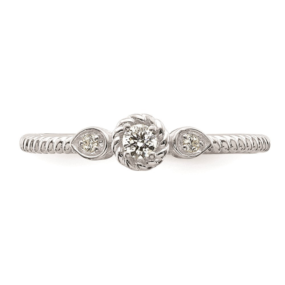 14k White Gold Roped Band Petite 3-Stone 1/15 carat Round Diamond Complete Promise/Engagement Ring