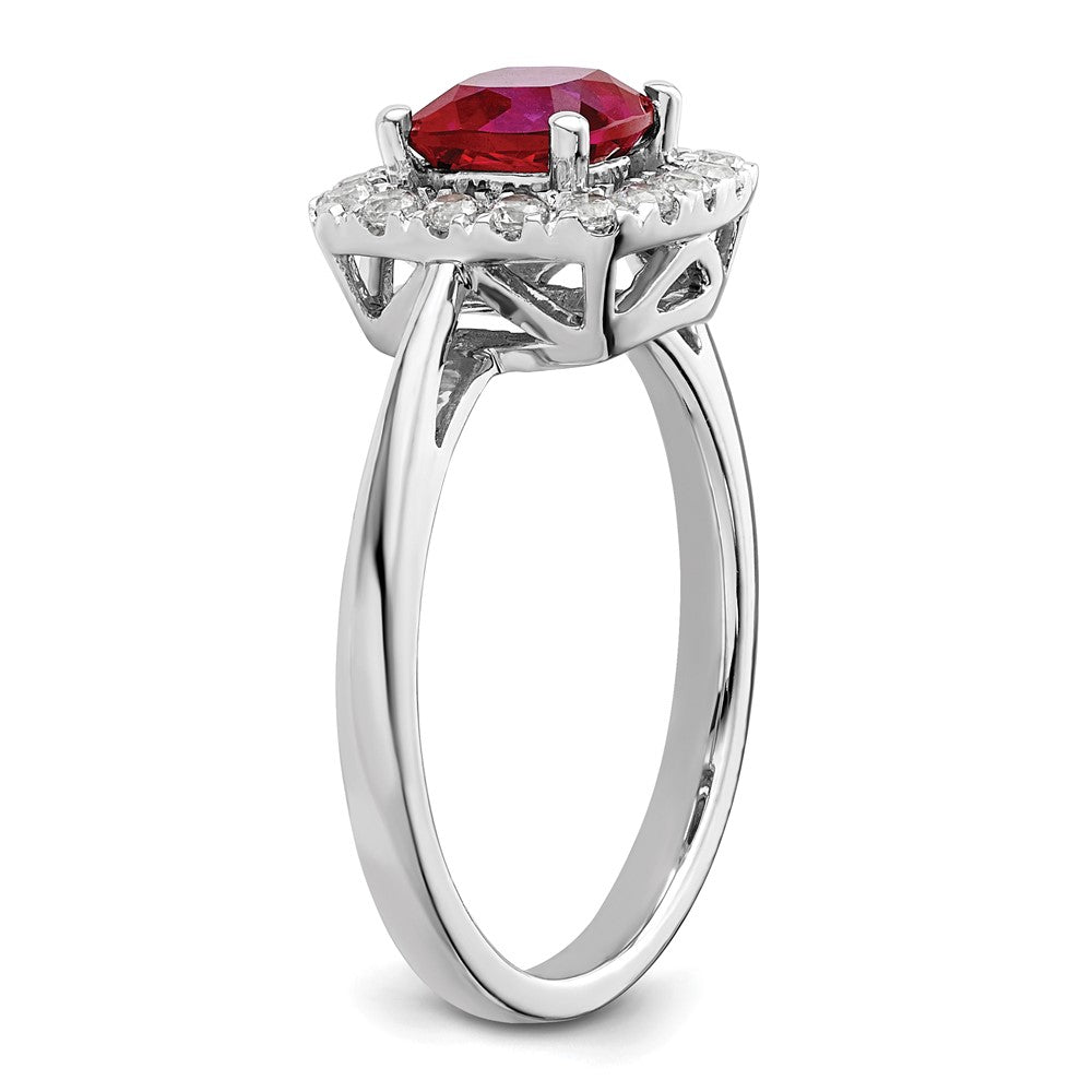 14k White Gold 1/4 carat Lab Grown Diamond VS/SI+ G+ July Birthstone Lab Created Ruby Halo Ring
