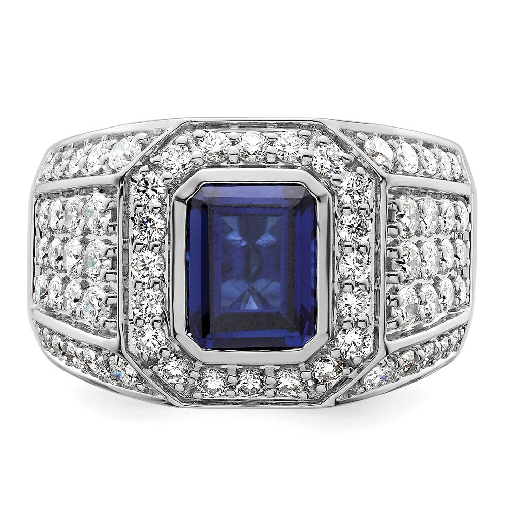 IBGoodman 10k White Gold 1 7/8 carat Lab Grown Diamond VS/SI+ G+ and Lab Created Blue Sapphire Men's Ring