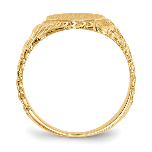 10k 13.0x10.5mm Oval Leaves Closed Back Mens Signet Ring