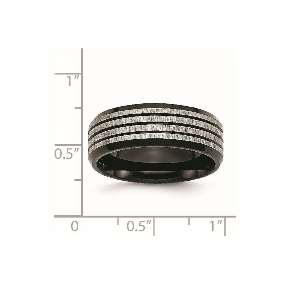 Chisel Stainless Steel Brushed and Polished Black IP-plated Striped 8mm Band
