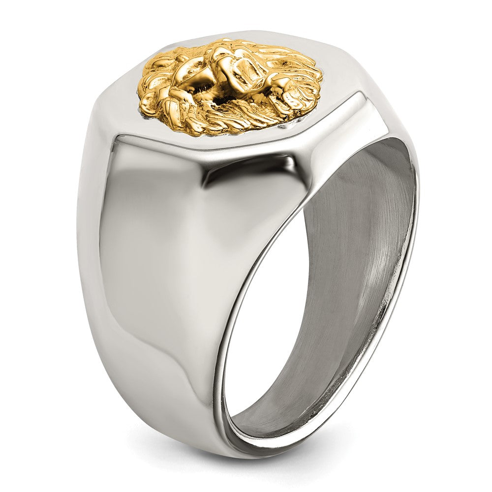 Chisel Stainless Steel with 14k Gold Accent Polished Lion Head Ring