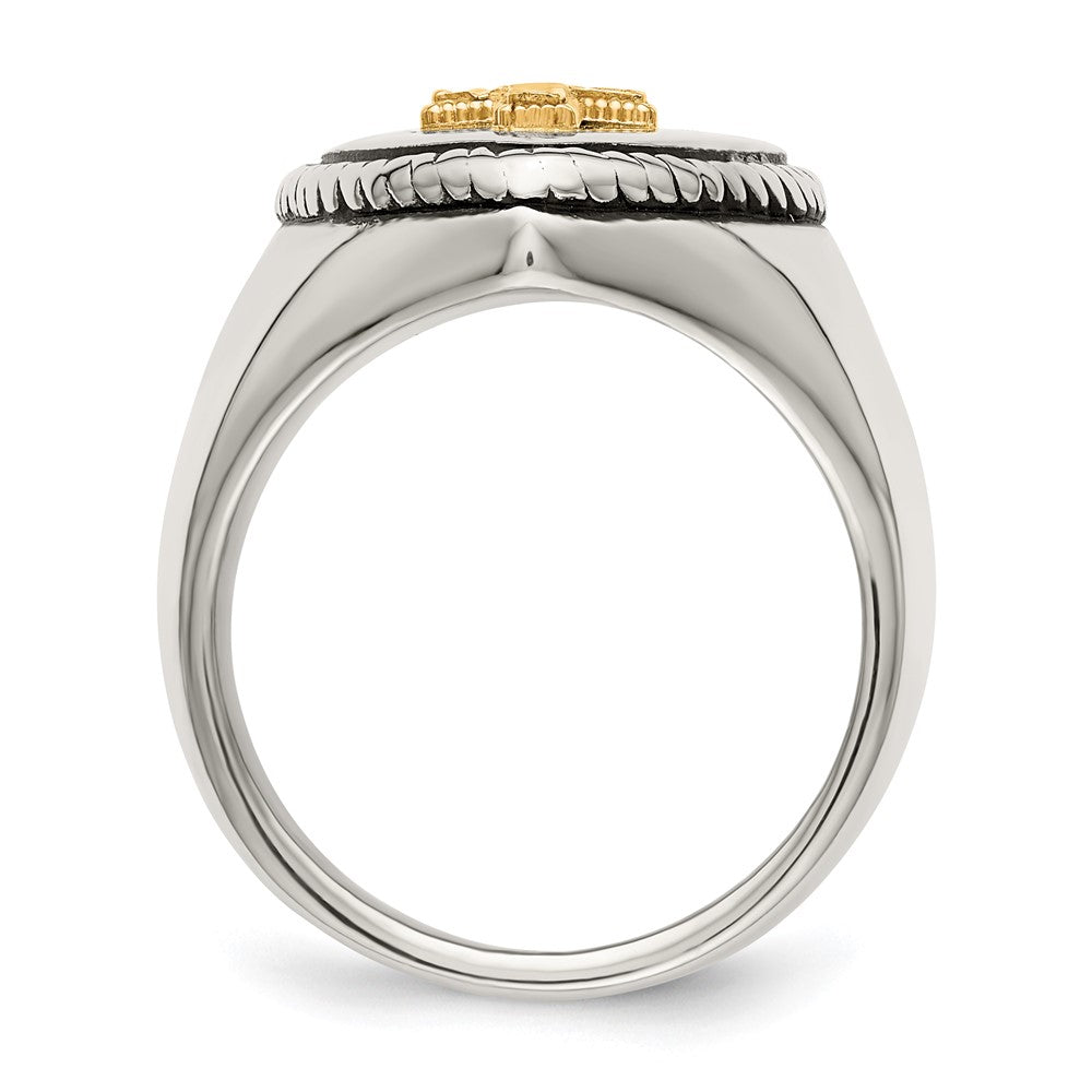 Chisel Stainless Steel with 14k Gold Accent Antiqued and Polished Cross on Shield Ring