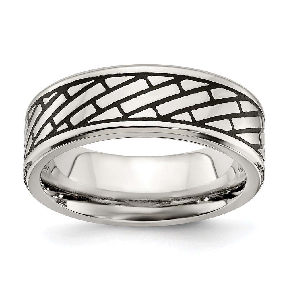 Chisel Stainless Steel Antiqued and Polished Brick Pattern 7.5mm Band