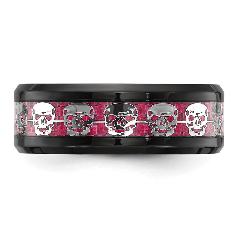 Chisel Stainless Steel Polished Black IP-plated Skulls with Pink Carbon Fiber Inlay 8mm Band