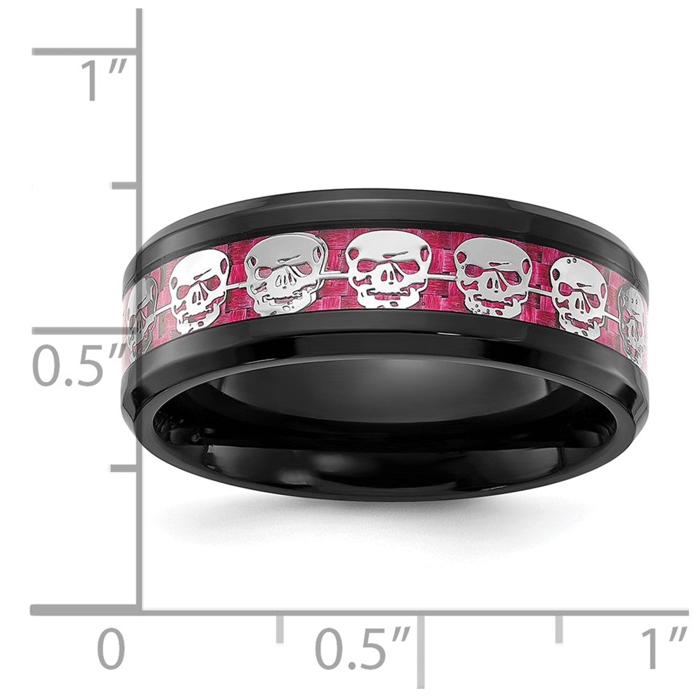 Chisel Stainless Steel Polished Black IP-plated Skulls with Pink Carbon Fiber Inlay 8mm Band