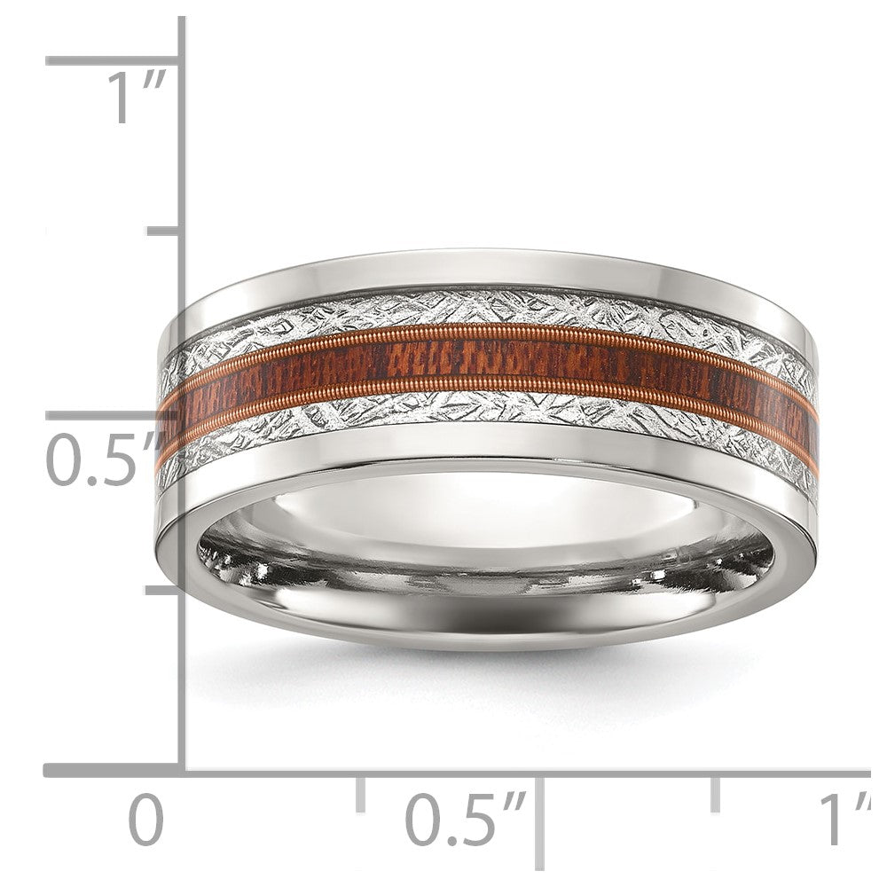 Chisel Stainless Steel Polished with Wood and Imitation Meteorite Inlay 8mm Band