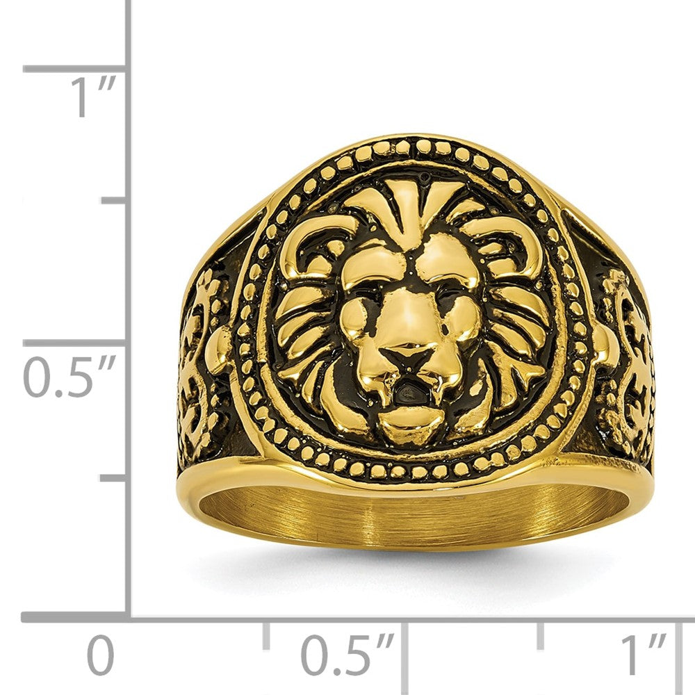 Stainless Steel Yellow IP Antiqued and Polished Lion Ring