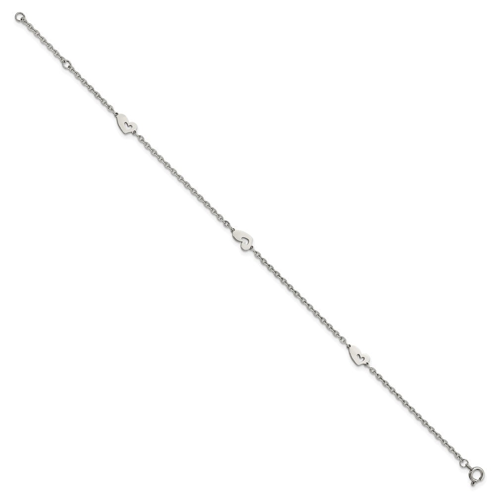 Chisel Stainless Steel Polished Hearts 9 inch Anklet Plus 1 inch Extension