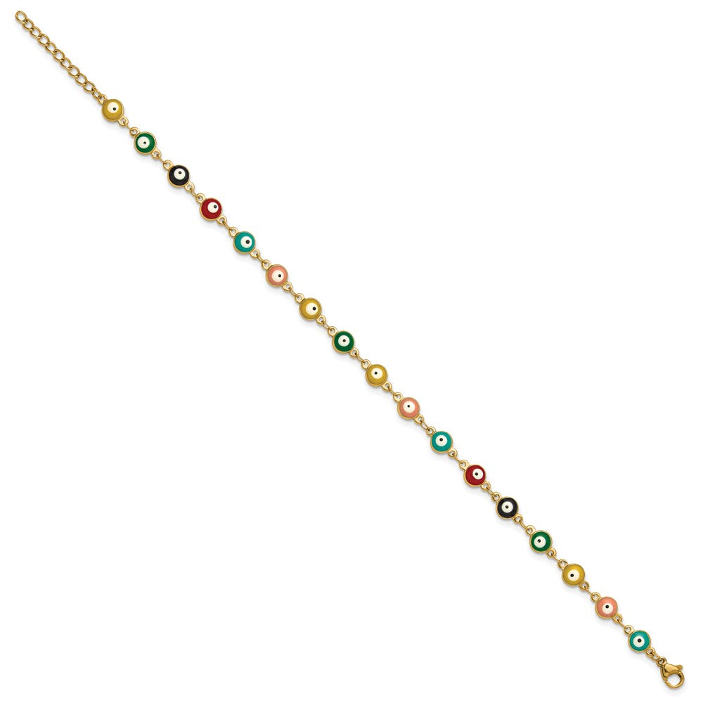 Chisel Stainless Steel Polished Yellow IP-plated with Multicolor Paint Inlay Evil Eye 9 inch Plus a 1 inch Extension Anklet