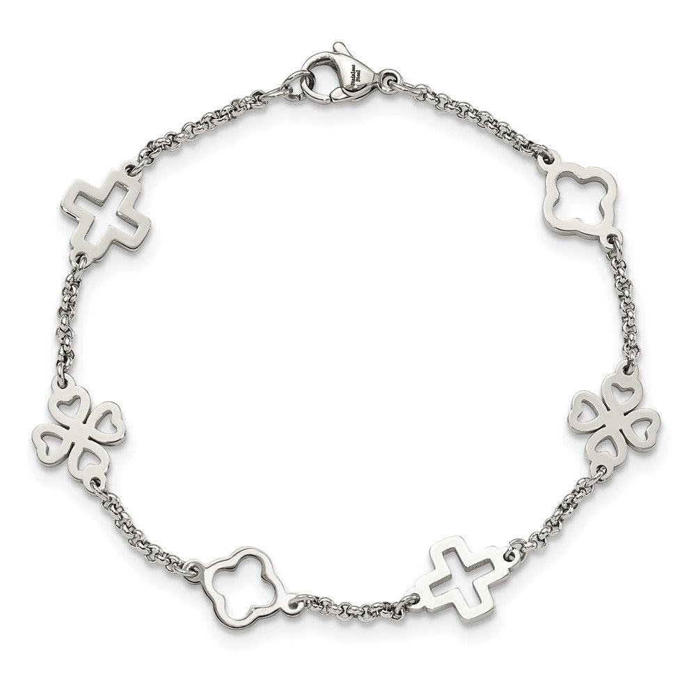 Chisel Stainless Steel Polished Cross and Clovers 7.5 inch Bracelet