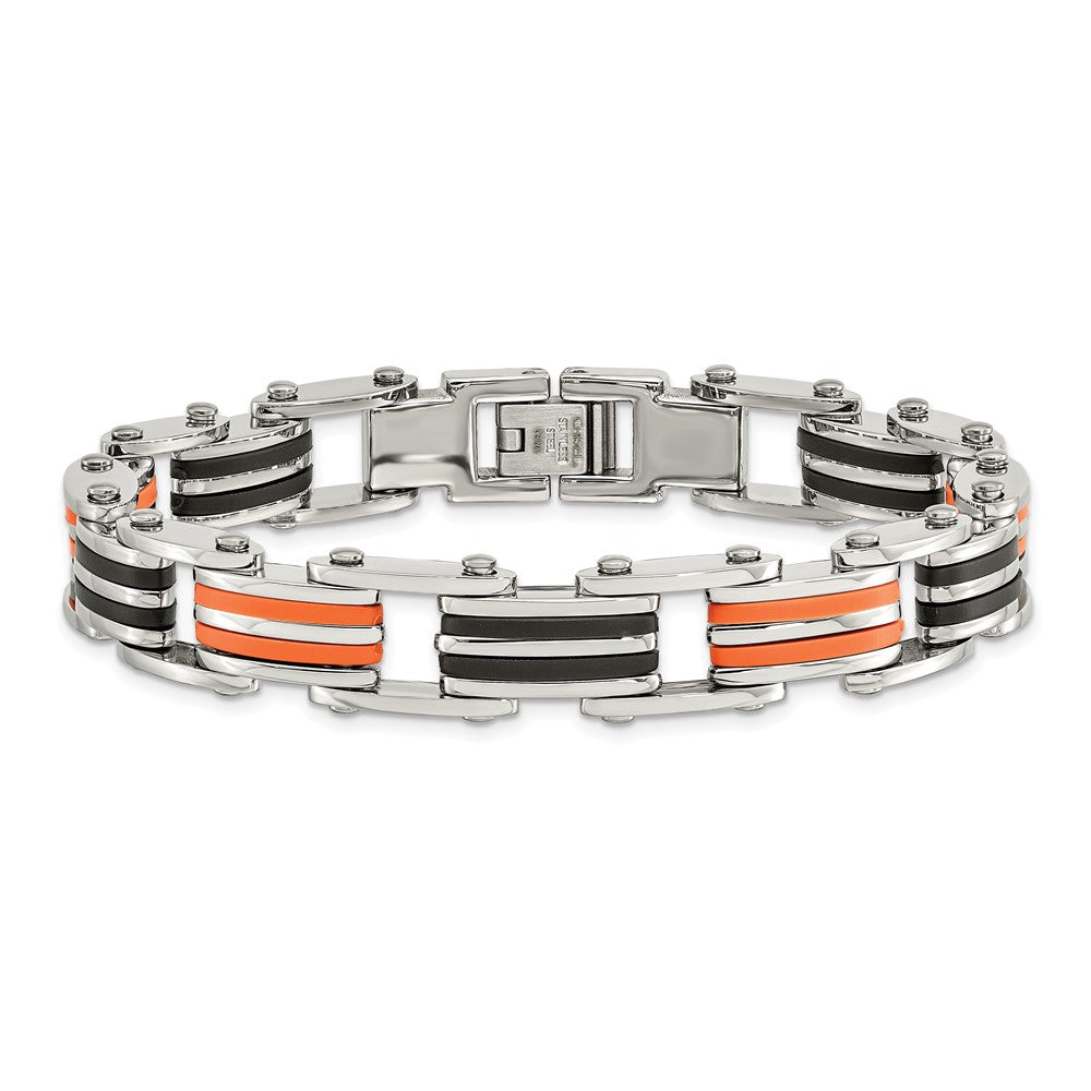 Chisel Stainless Steel Polished with Black and Orange Rubber 8.5 inch Link Bracelet