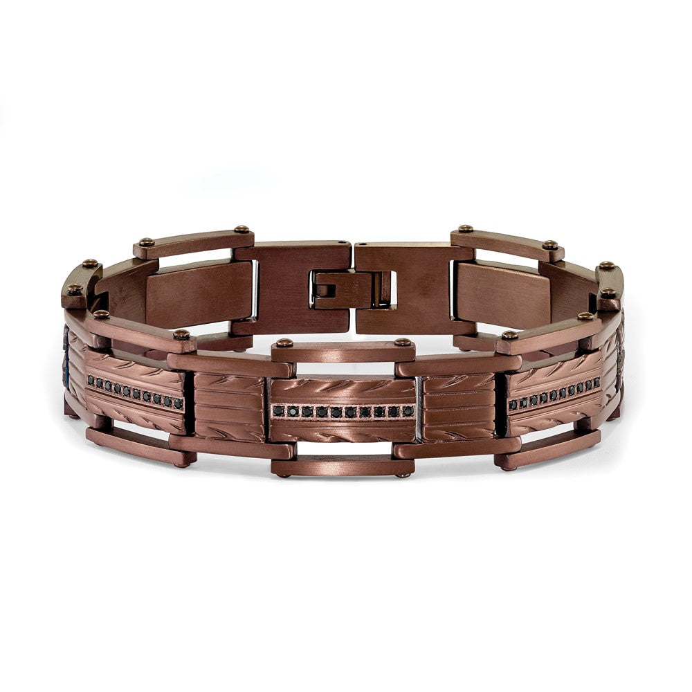 Chisel Stainless Steel Brushed and Textured Brown IP-plated with Black CZ 8.25 inch Link Bracelet